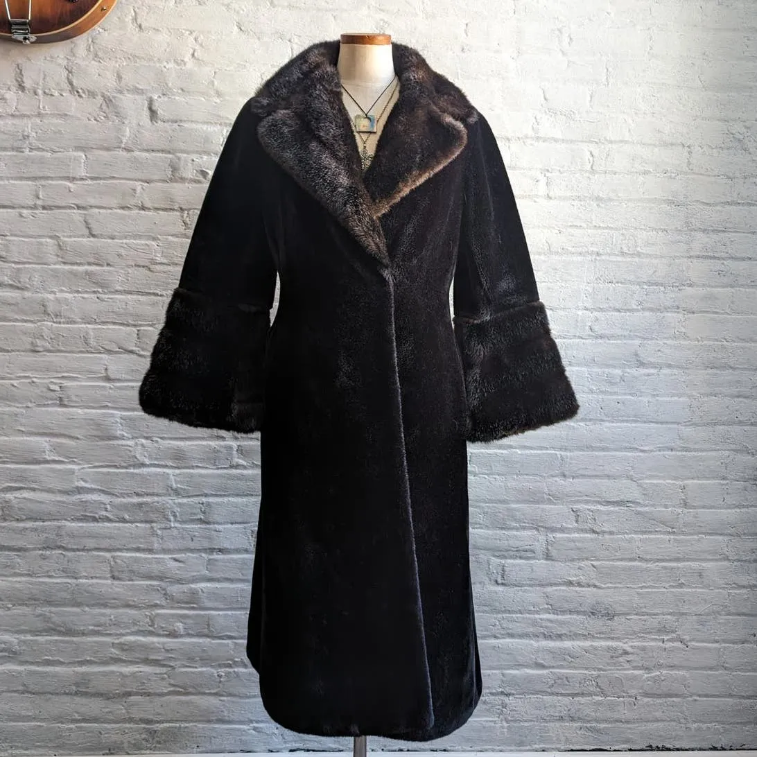 70s Vintage Vegan Velvet Fur Trench Coat Mob Wife Black Brown Penny Lane Jacket