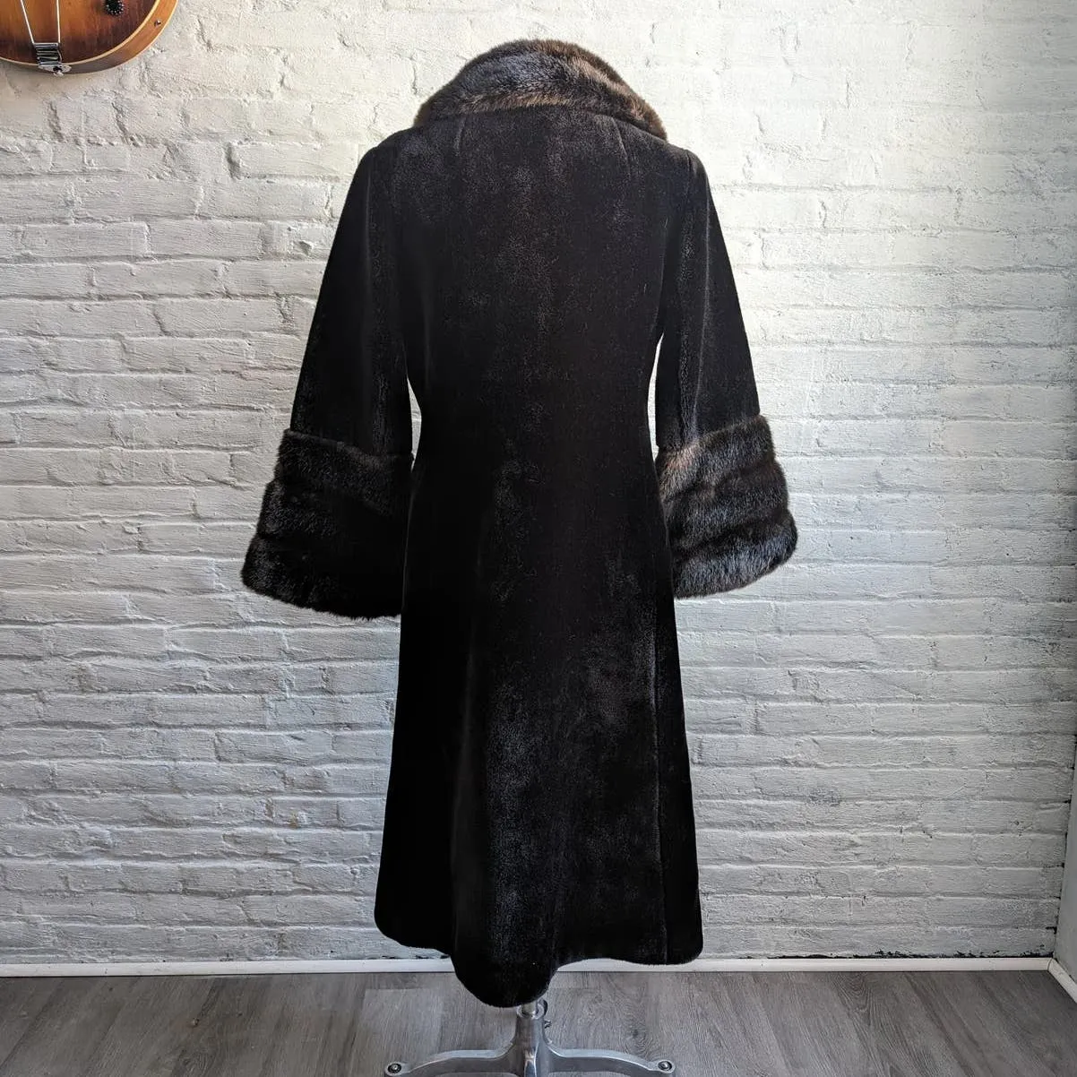 70s Vintage Vegan Velvet Fur Trench Coat Mob Wife Black Brown Penny Lane Jacket