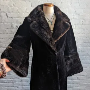 70s Vintage Vegan Velvet Fur Trench Coat Mob Wife Black Brown Penny Lane Jacket