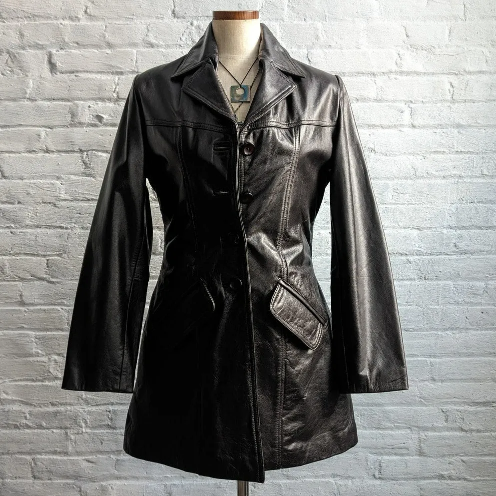 90s Vintage Black Genuine Leather Mini Trench Minimalist Goth Duster Jacket Top