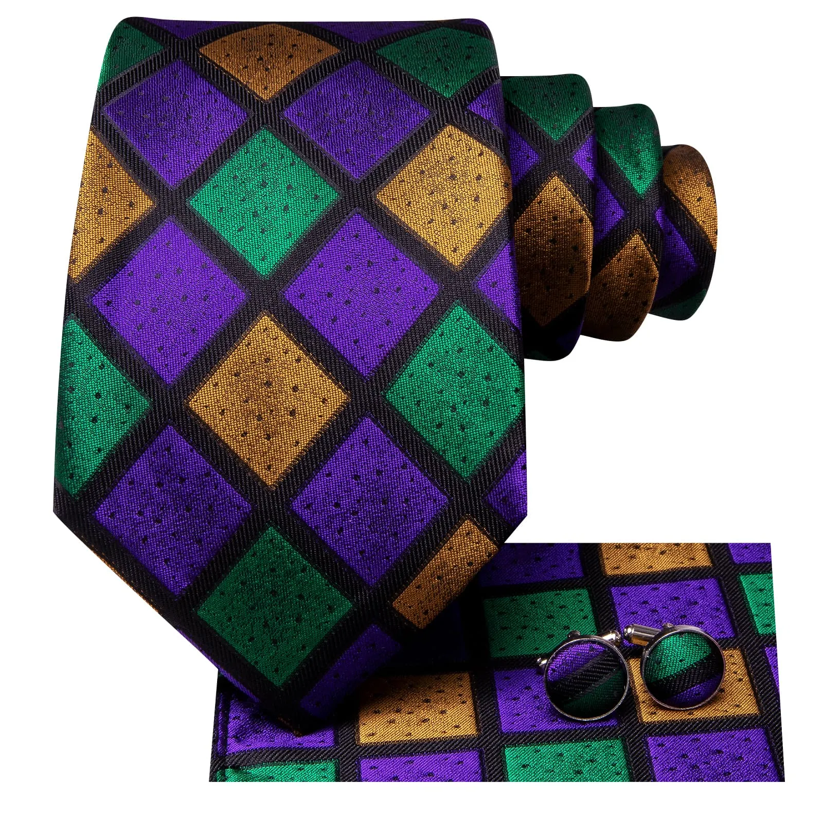 $9.99 Hi-Tie Checkered Green Purple Gold Necktie Handkerchief Cufflinks Set