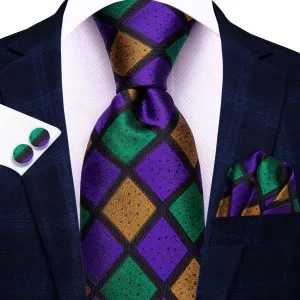 $9.99 Hi-Tie Checkered Green Purple Gold Necktie Handkerchief Cufflinks Set