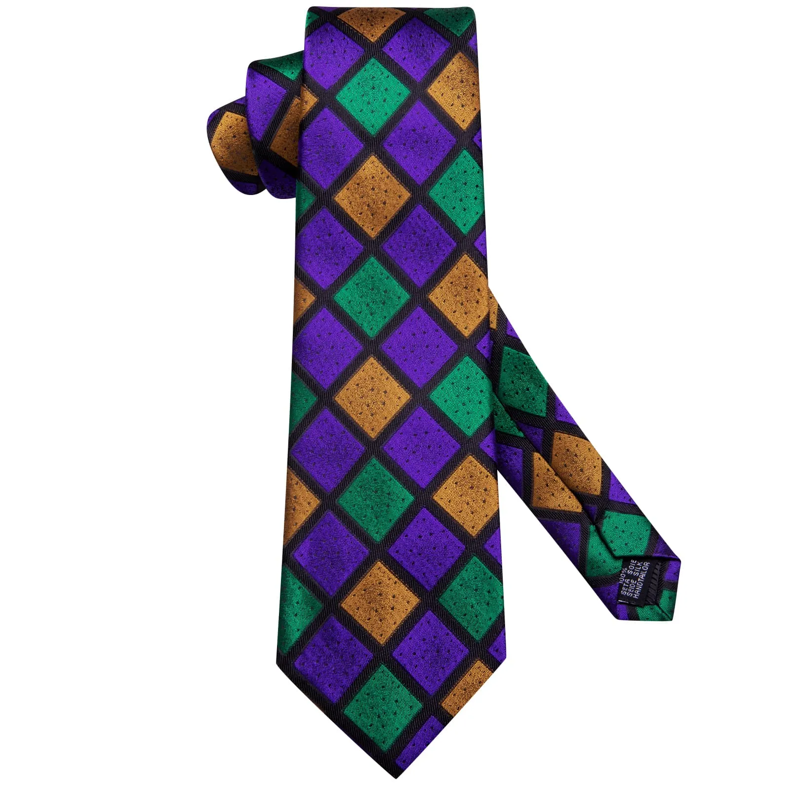 $9.99 Hi-Tie Checkered Green Purple Gold Necktie Handkerchief Cufflinks Set