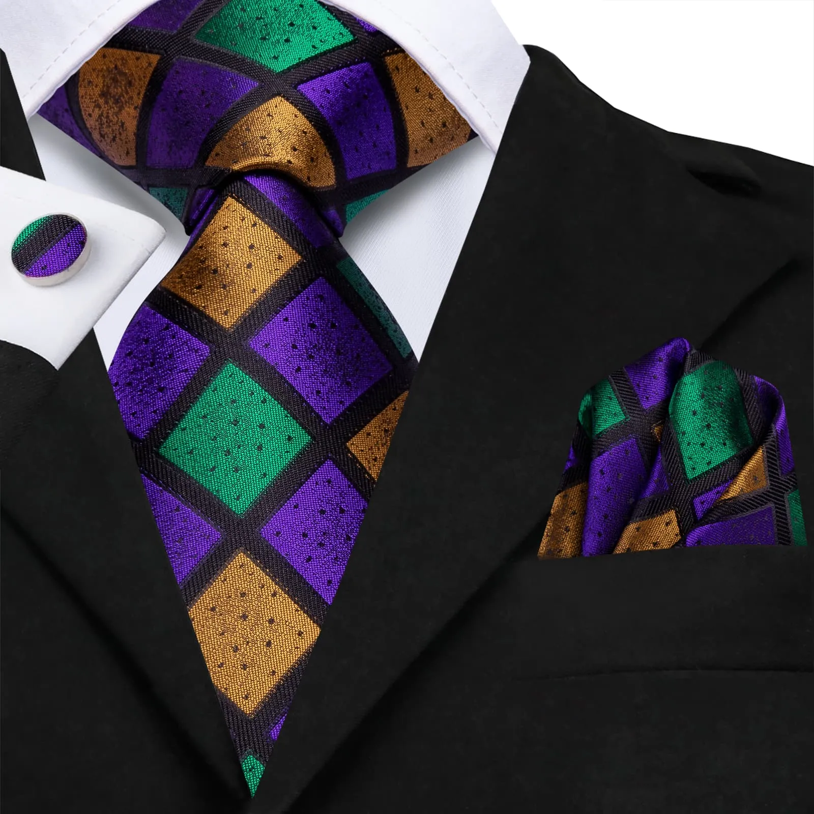 $9.99 Hi-Tie Checkered Green Purple Gold Necktie Handkerchief Cufflinks Set