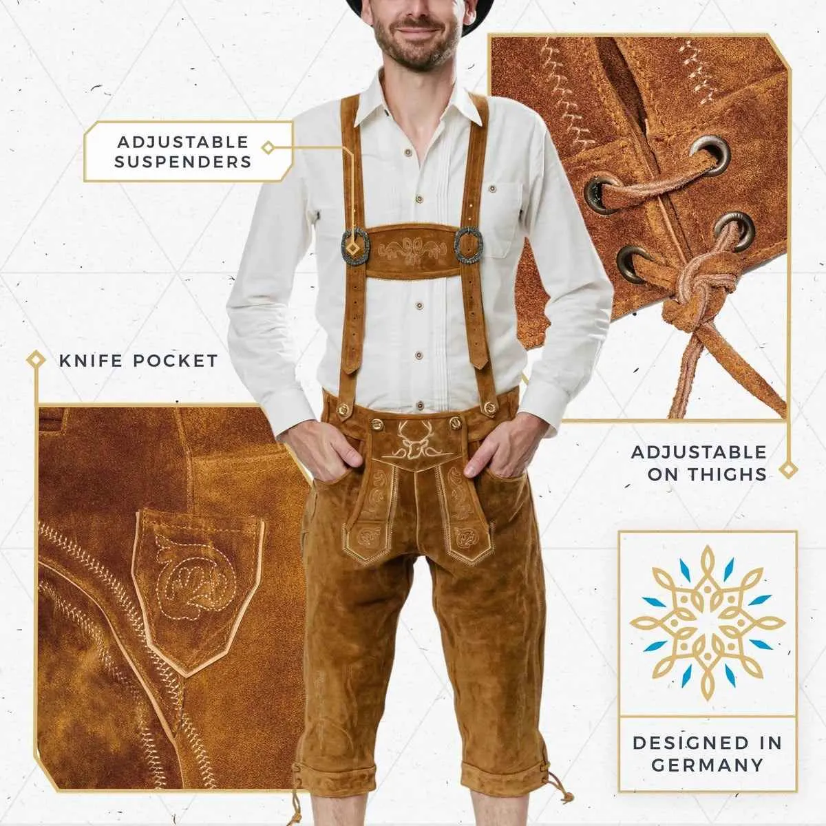 Bavarian Lederhosen Men Kneebound Light Brown