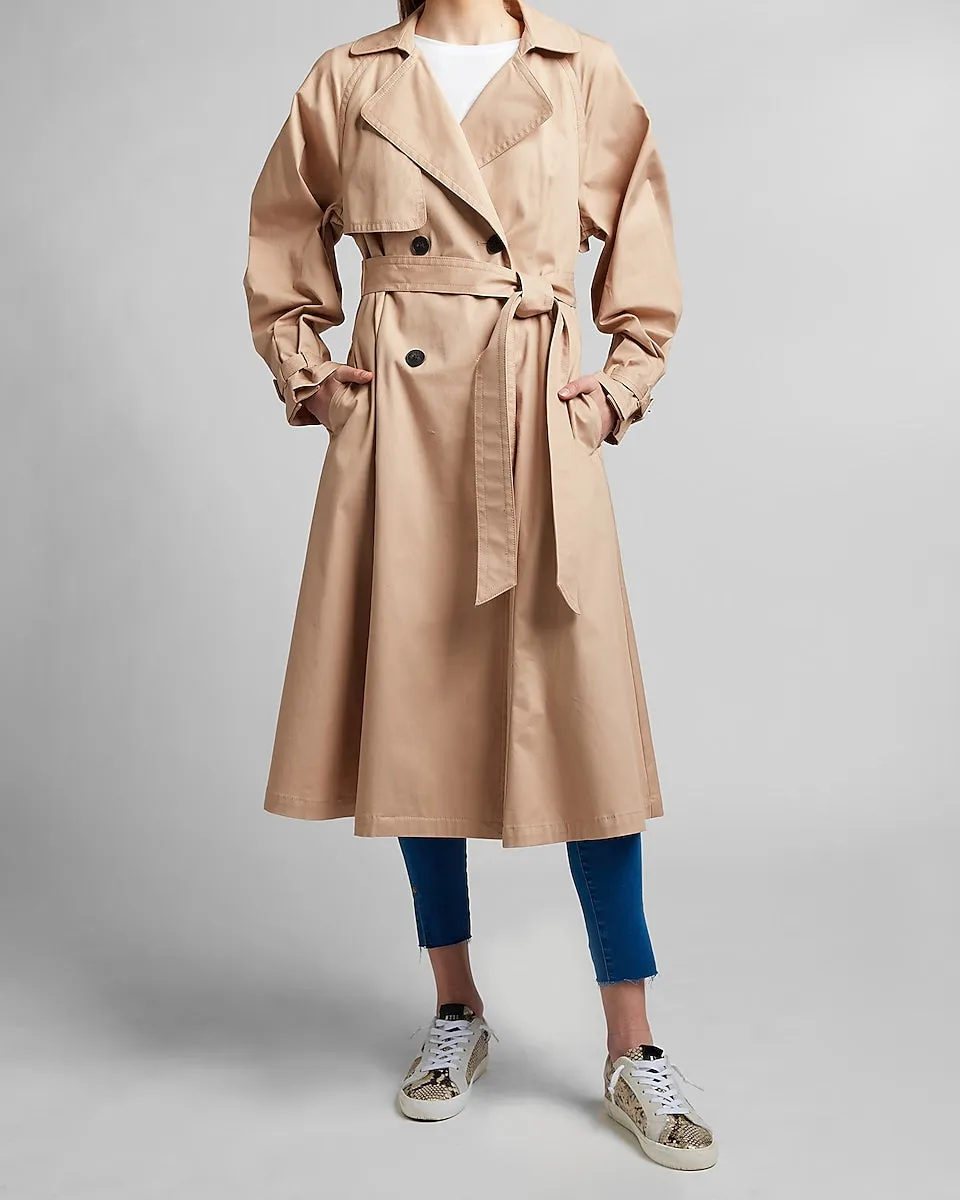 Belted Balloon Sleeve Pleated Trench Coat in Beige