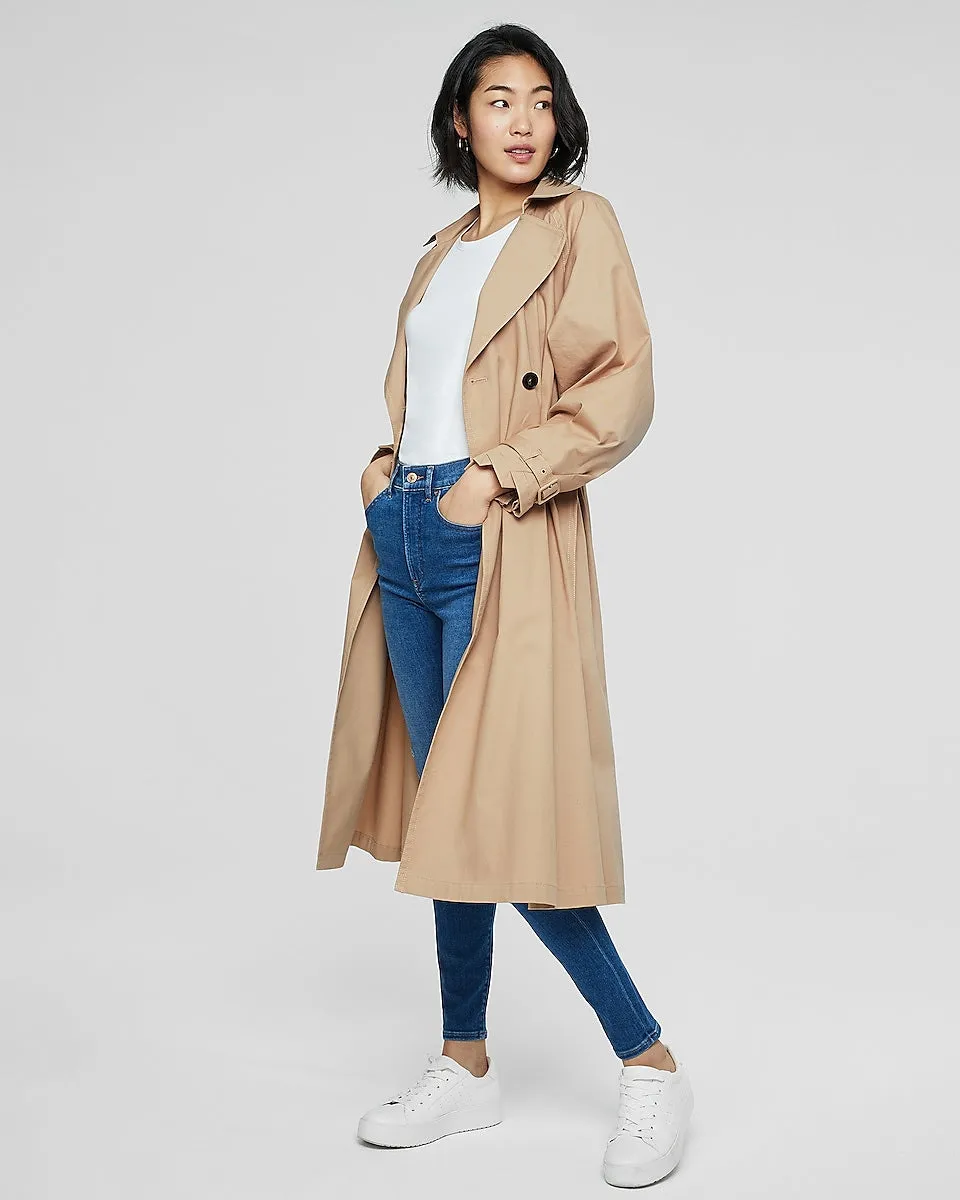 Belted Balloon Sleeve Pleated Trench Coat in Beige