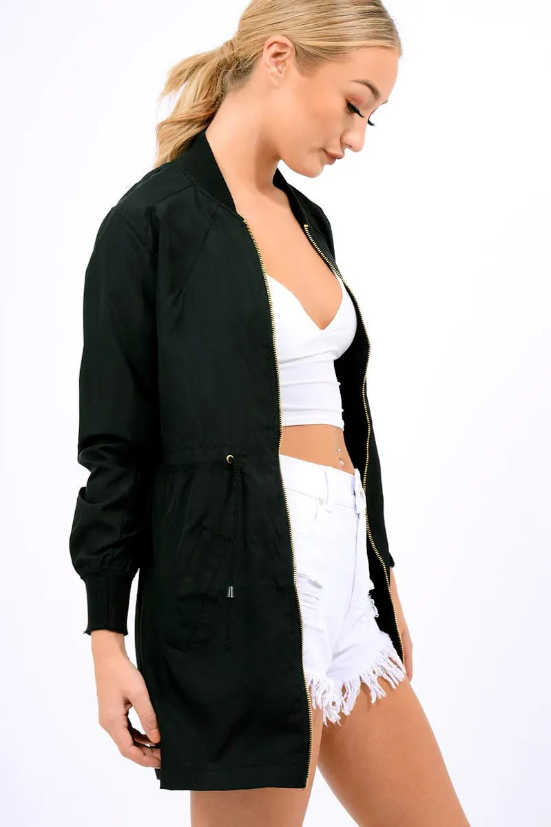 Black Bomber Style Long Jacket - Brea