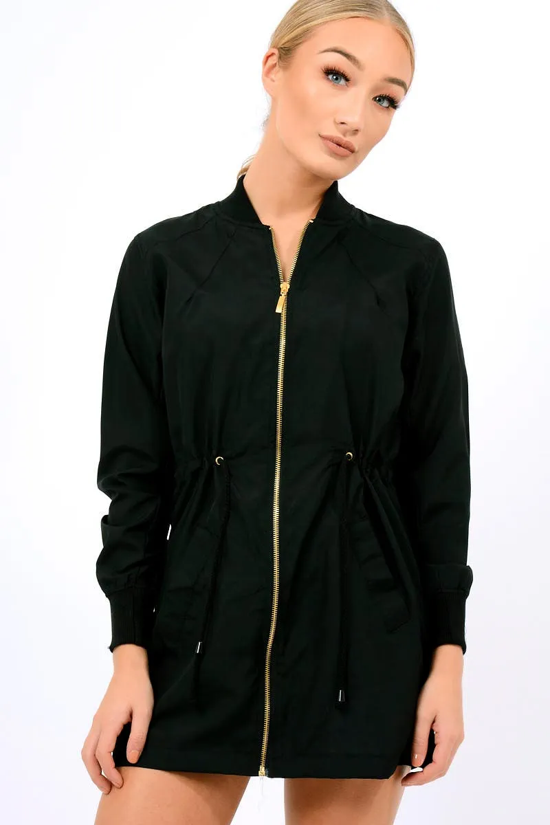 Black Bomber Style Long Jacket - Brea