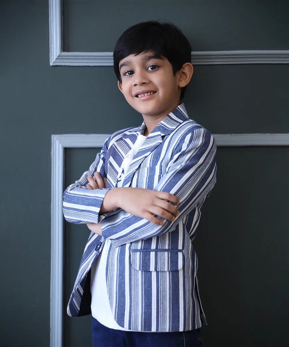 Blue and White Coloured Self-Striped Blazer Set for Boys