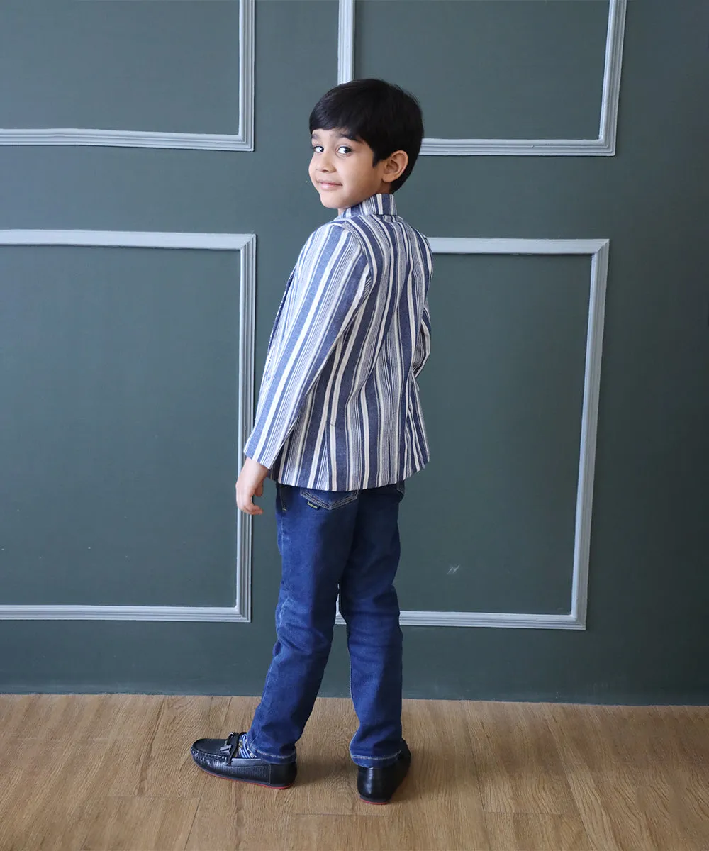 Blue and White Coloured Self-Striped Blazer Set for Boys