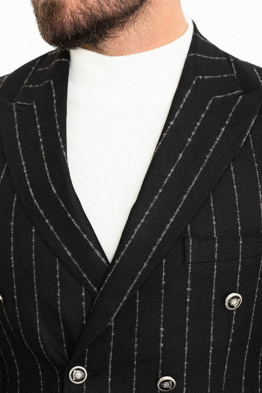 Bojoni Torretta Slim Fit Black Double Breasted Striped Blazer