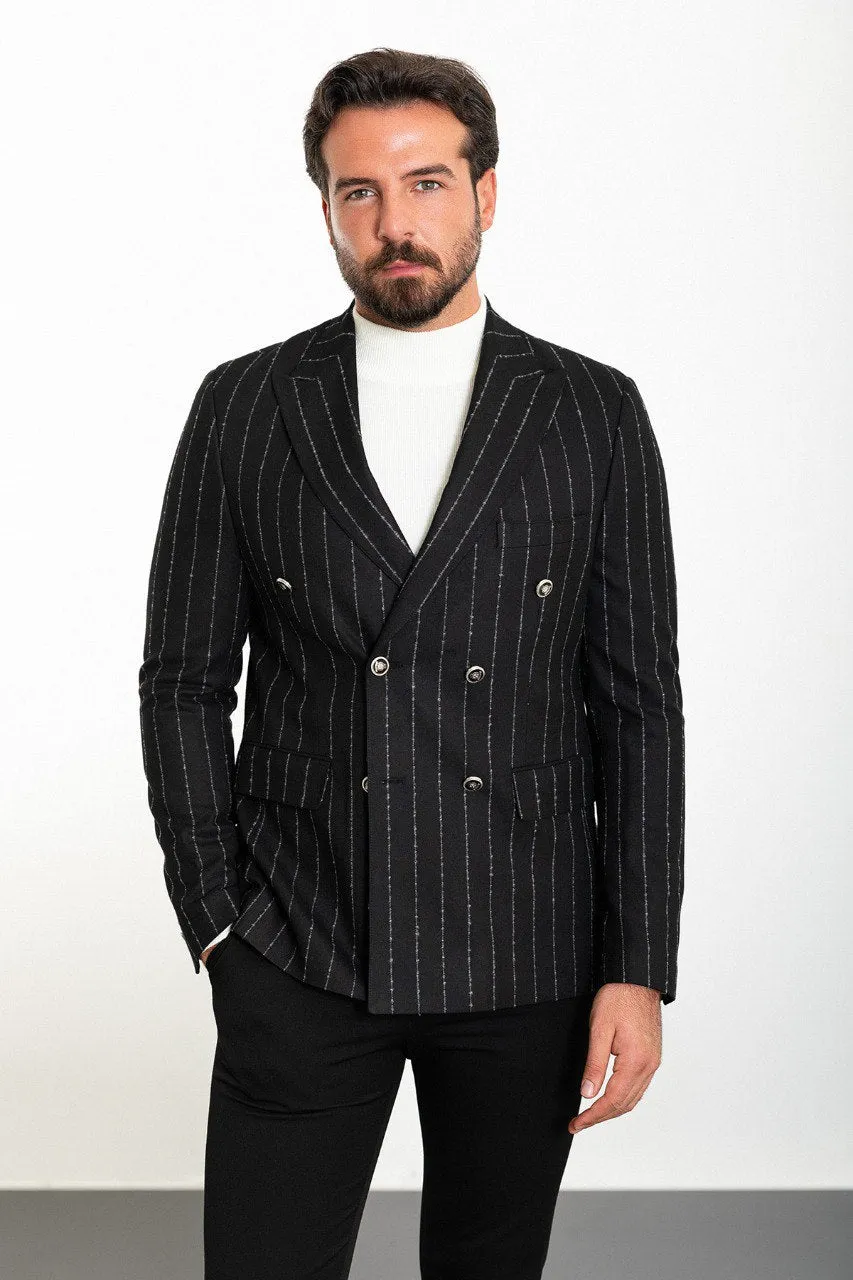 Bojoni Torretta Slim Fit Black Double Breasted Striped Blazer