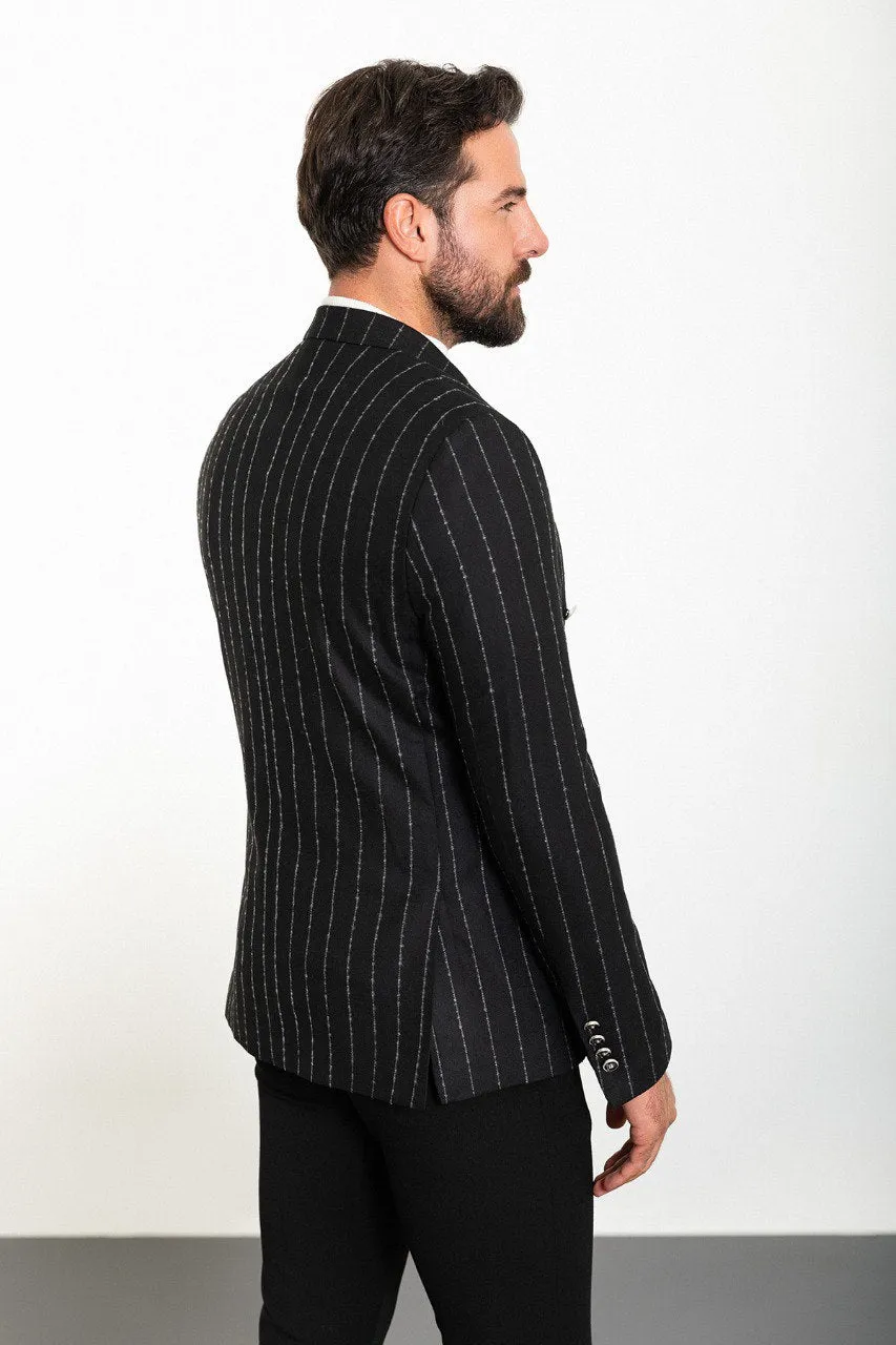 Bojoni Torretta Slim Fit Black Double Breasted Striped Blazer