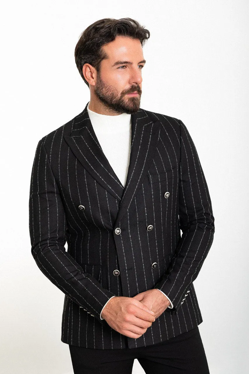 Bojoni Torretta Slim Fit Black Double Breasted Striped Blazer