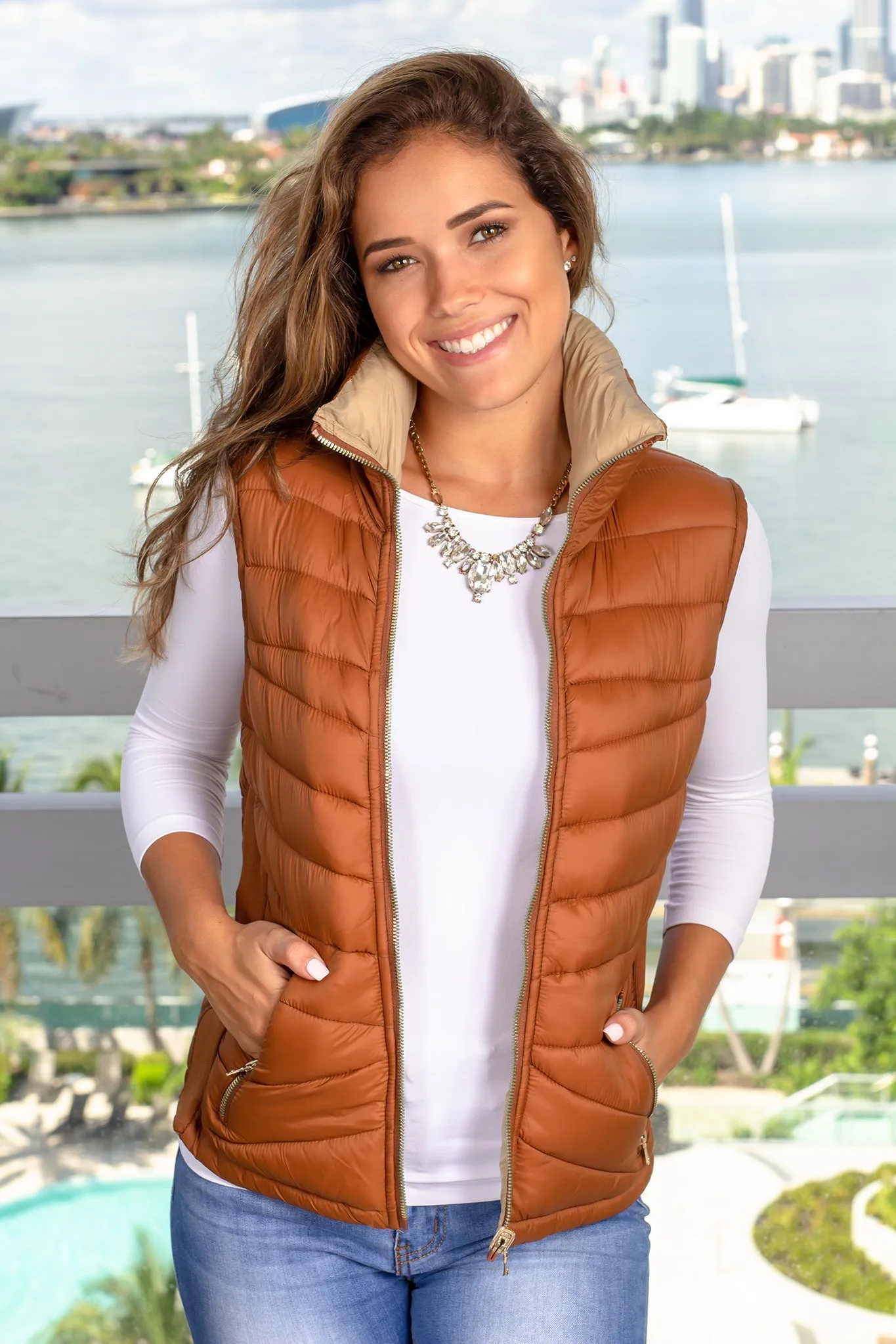 Brown and Beige Reversible Puffer Vest