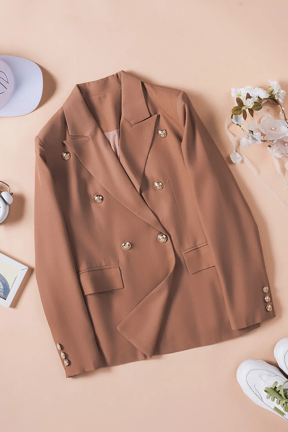 Brown Double Breasted Lapel Long Sleeve Blazer