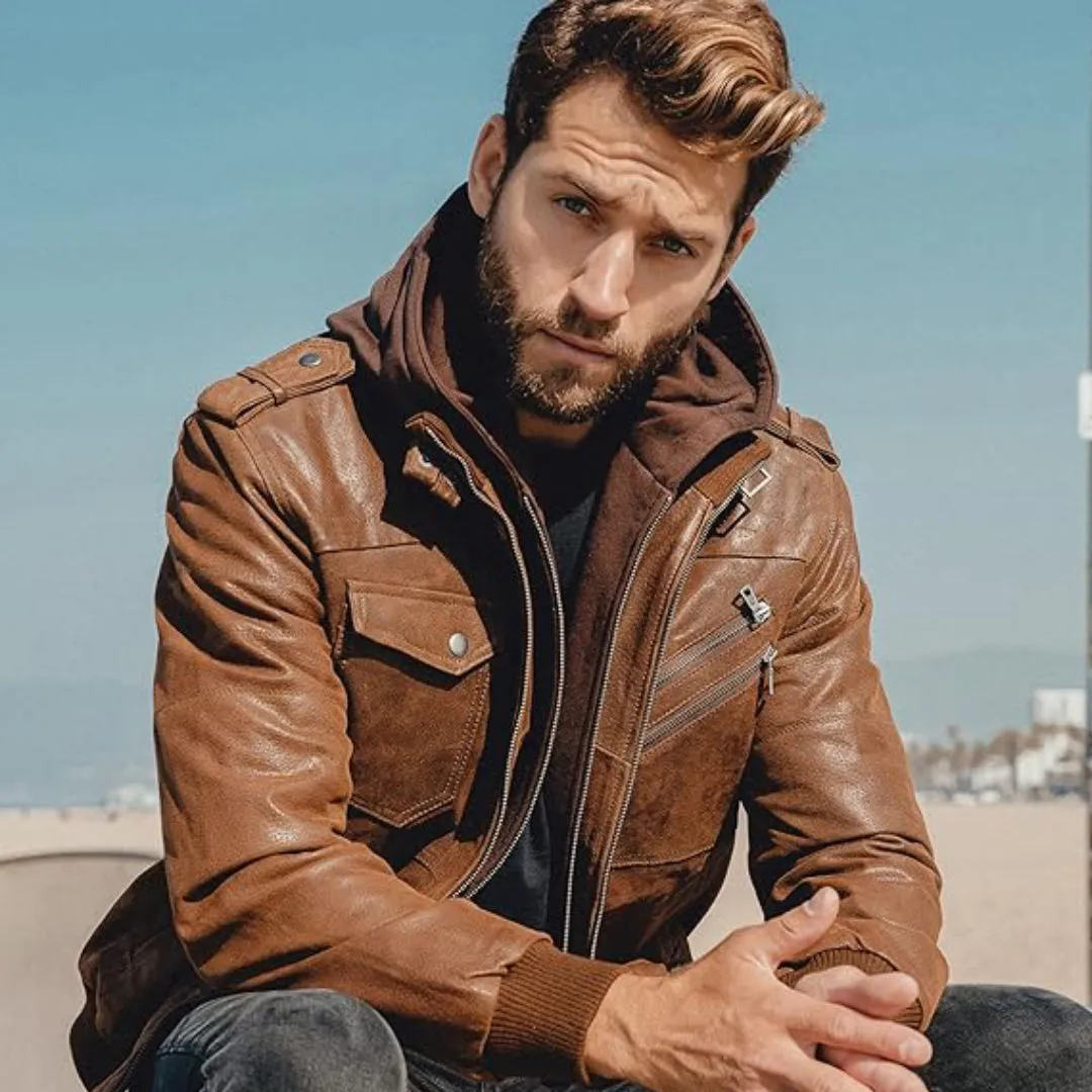 Brown Removable Hood Motorcycle Leather Jacket