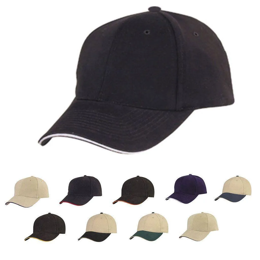 Brushed Cotton Sandwich 6 Panel Low Crown Baseball Hats Caps Plain Two Tone