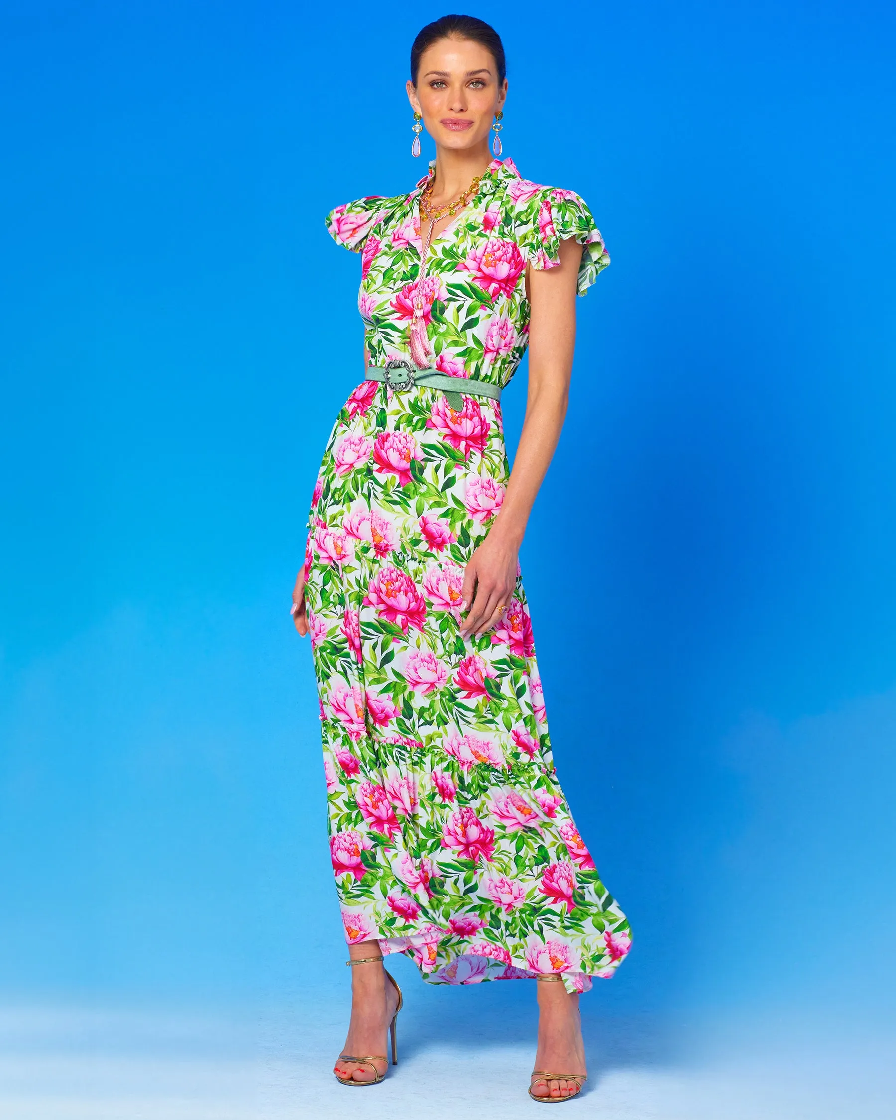 Charlotte Flutter Sleeve Maxi Dress in Peony Garden