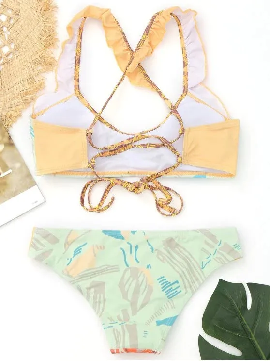 Cheap Ruffles Color Block Printed Bikini