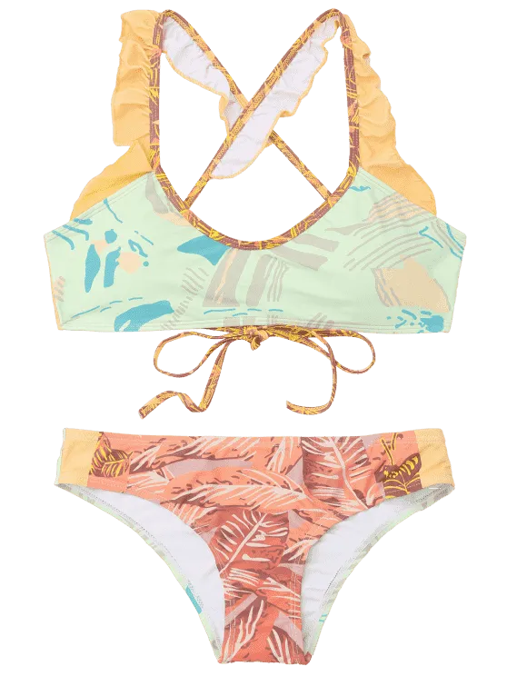 Cheap Ruffles Color Block Printed Bikini