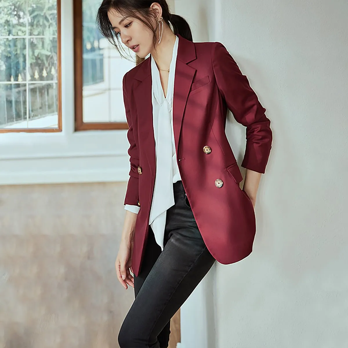 Classic Double-Breasted Blazer in Wine