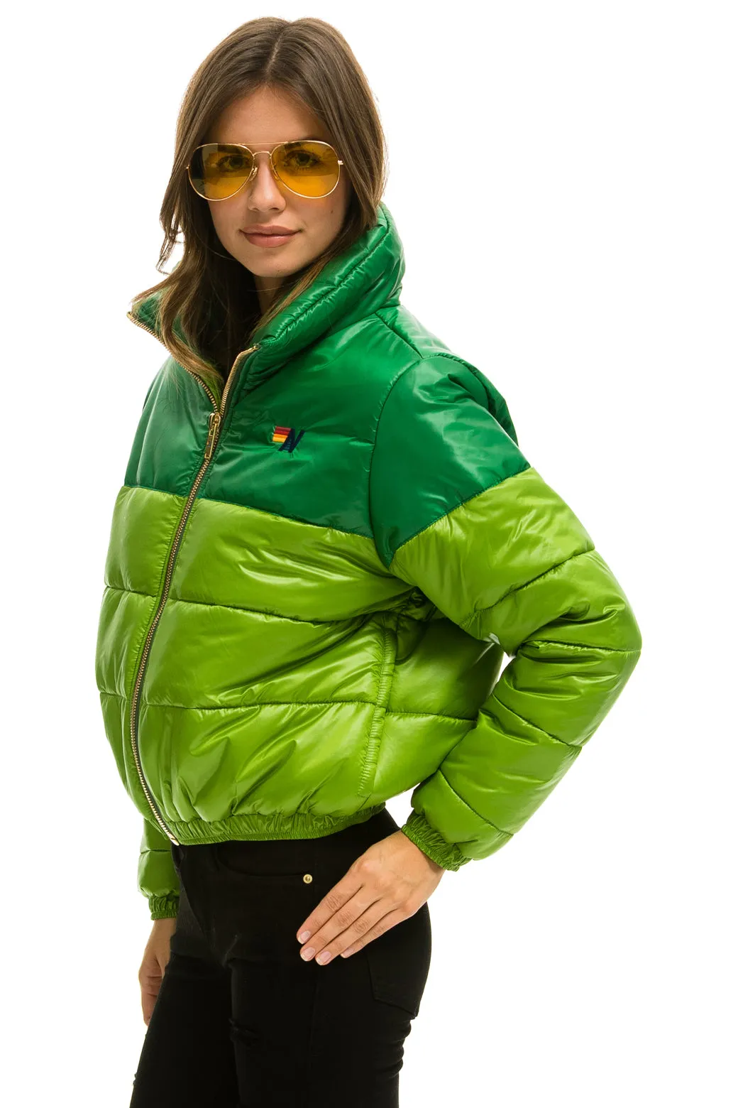 COLOR BLOCK HALF AND HALF APRES PUFFER JACKET - AMAZON GLOSSY