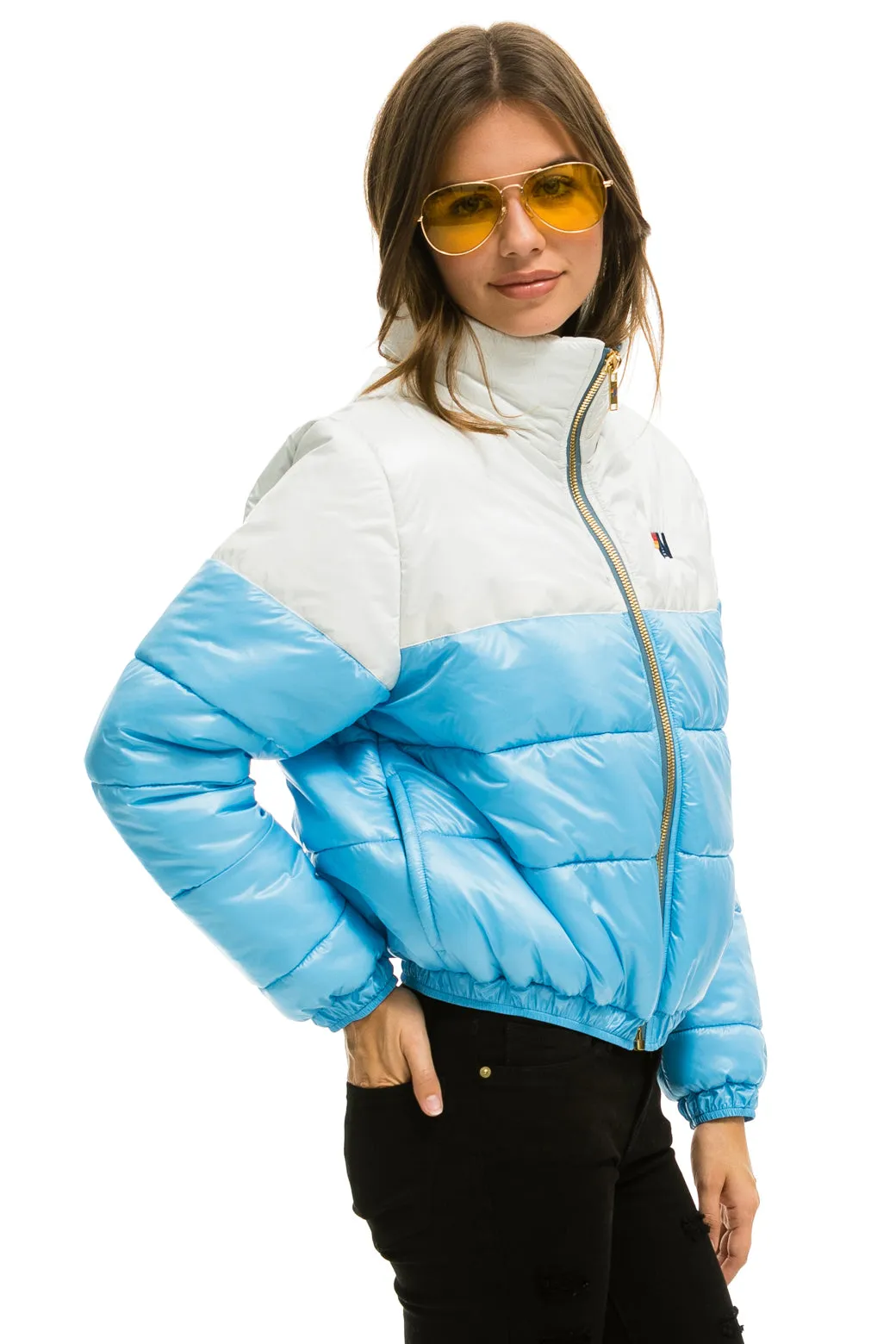 COLOR BLOCK HALF AND HALF APRES PUFFER JACKET - WHITE GLOSSY