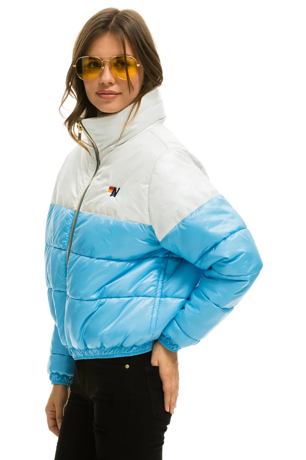 COLOR BLOCK HALF AND HALF APRES PUFFER JACKET - WHITE GLOSSY