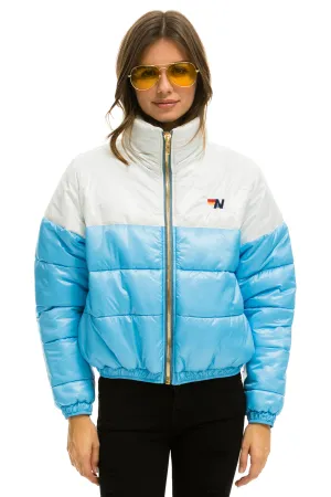 COLOR BLOCK HALF AND HALF APRES PUFFER JACKET - WHITE GLOSSY