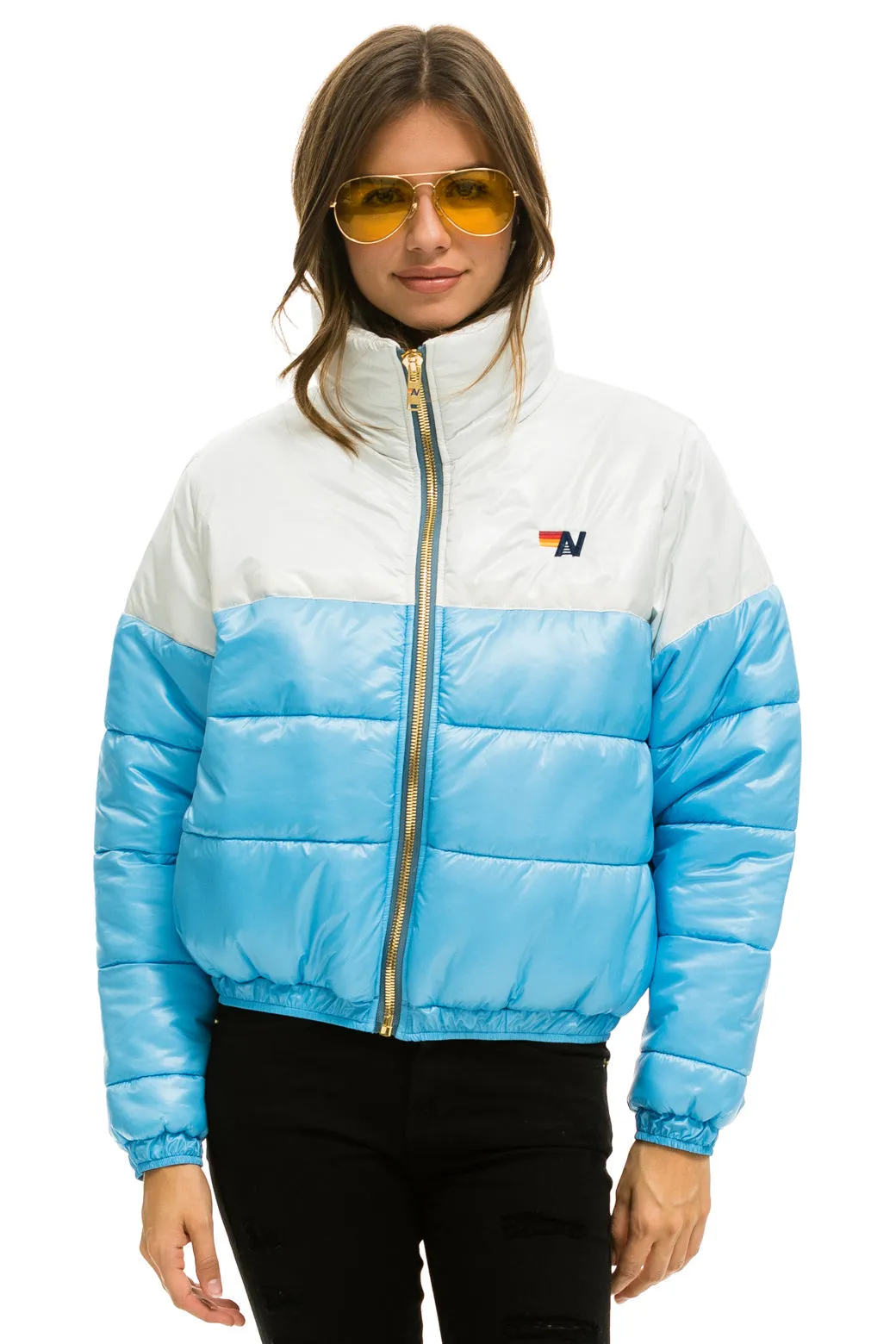 COLOR BLOCK HALF AND HALF APRES PUFFER JACKET - WHITE GLOSSY