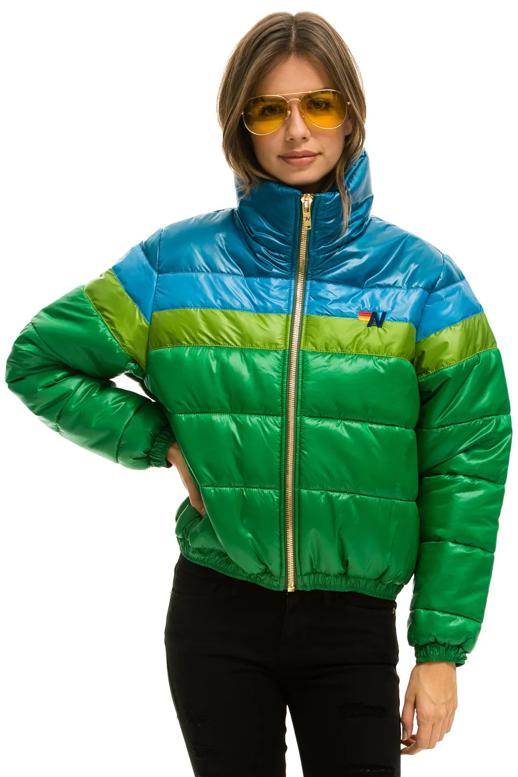 COLOR BLOCK LUXE APRES PUFFER JACKET - AMAZON GLOSSY