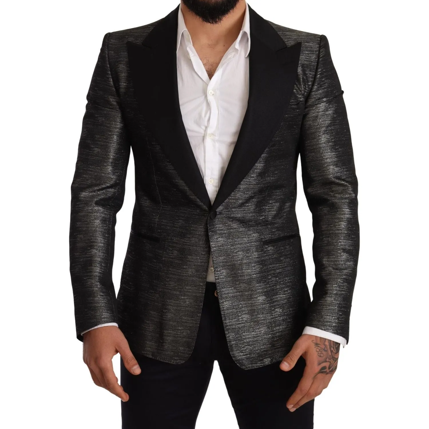 Dolce & Gabbana Metallic Gray Jacquard Slim Fit Blazer