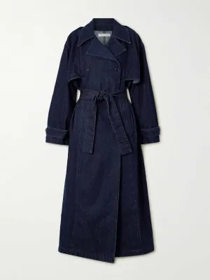 Double-breasted denim trench coat