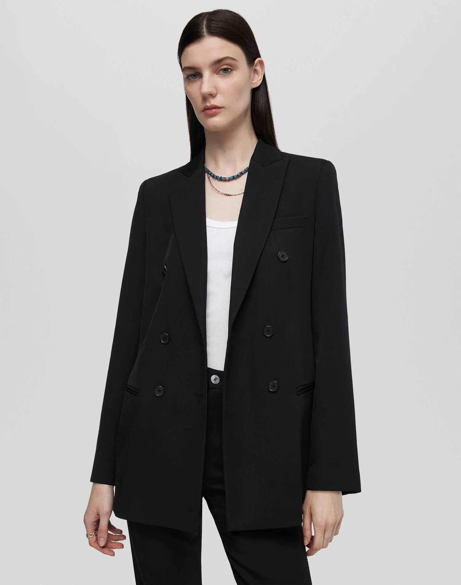 Double Breasted Long Blazer - Black