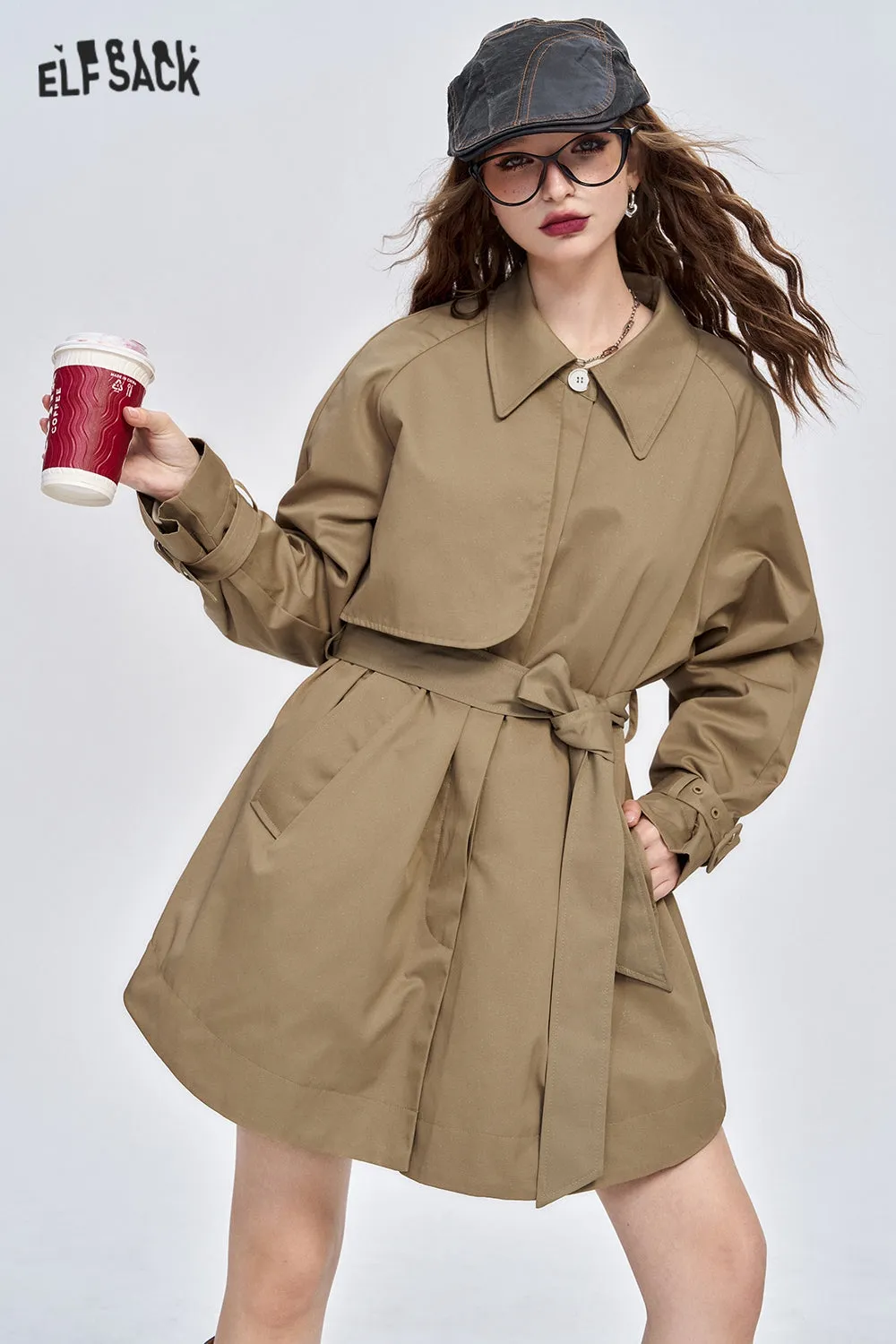 ELFSACK 2024 Autumn New Arrive Retro simple raglan sleeves single-breasted khaki fine glitter mid-length trench coat for women