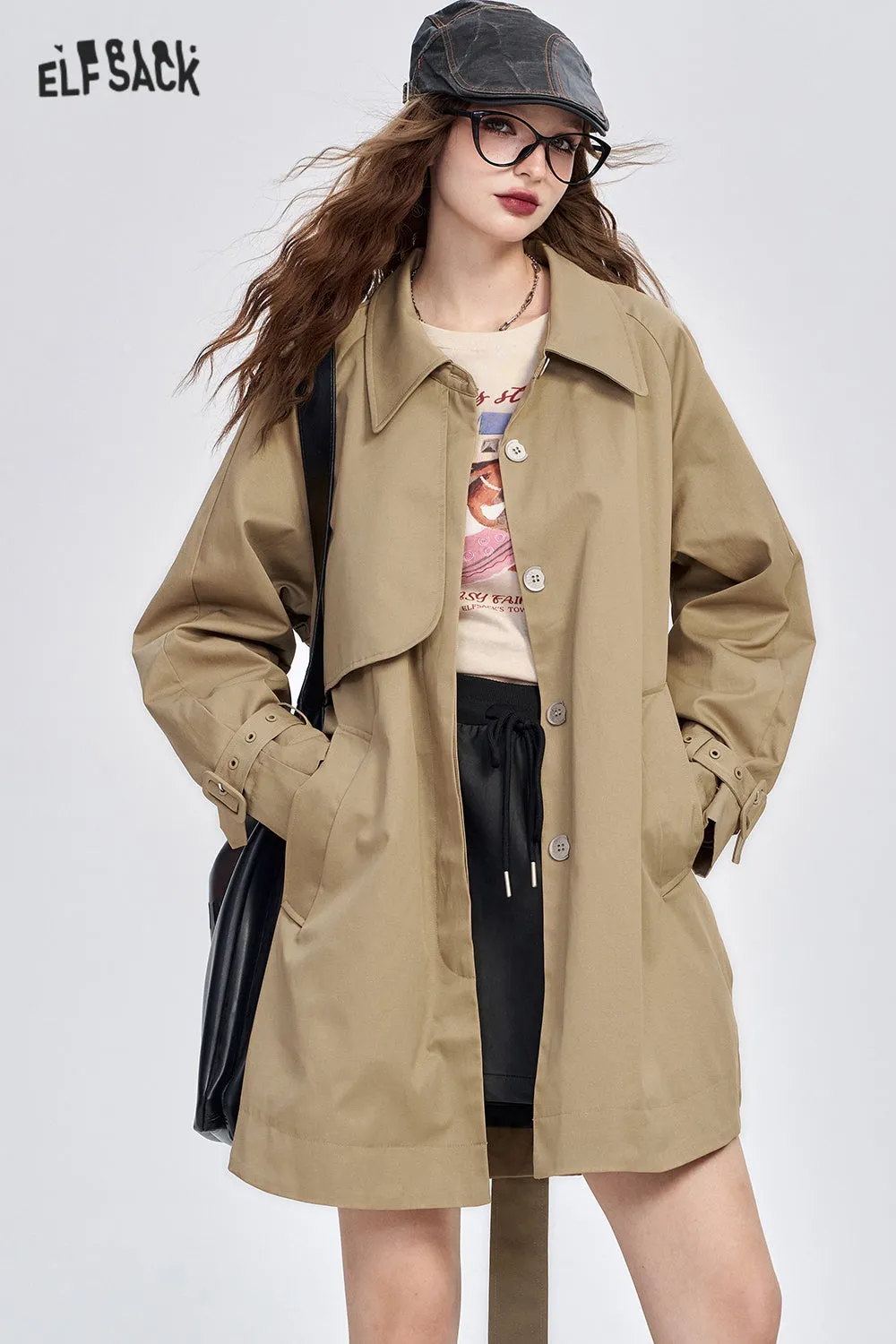 ELFSACK 2024 Autumn New Arrive Retro simple raglan sleeves single-breasted khaki fine glitter mid-length trench coat for women