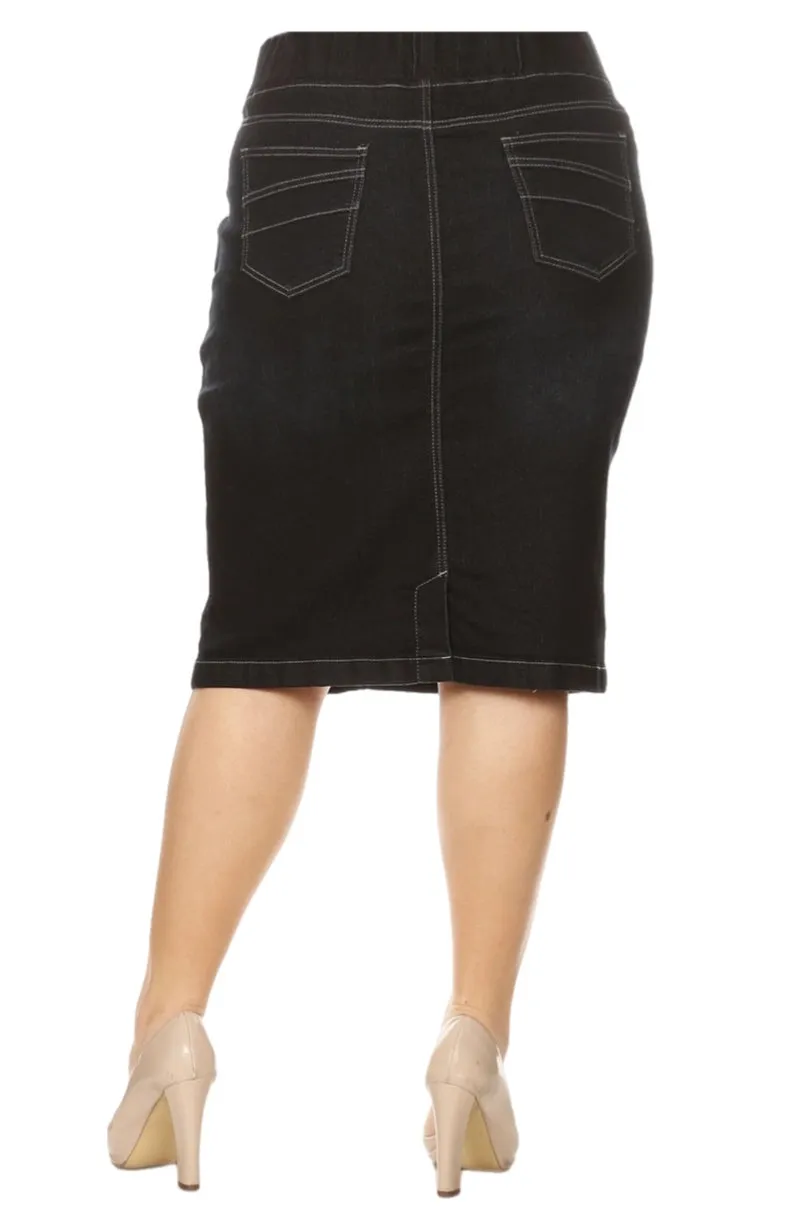 Extended Plus Pencil Denim Skirt Style 77104XX in Black Indigo Wash