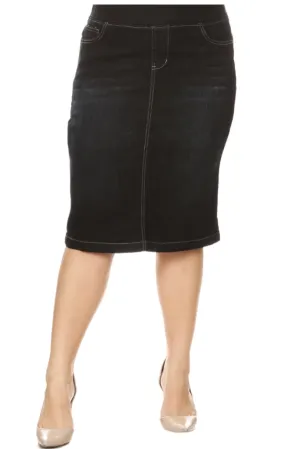 Extended Plus Pencil Denim Skirt Style 77104XX in Black Indigo Wash