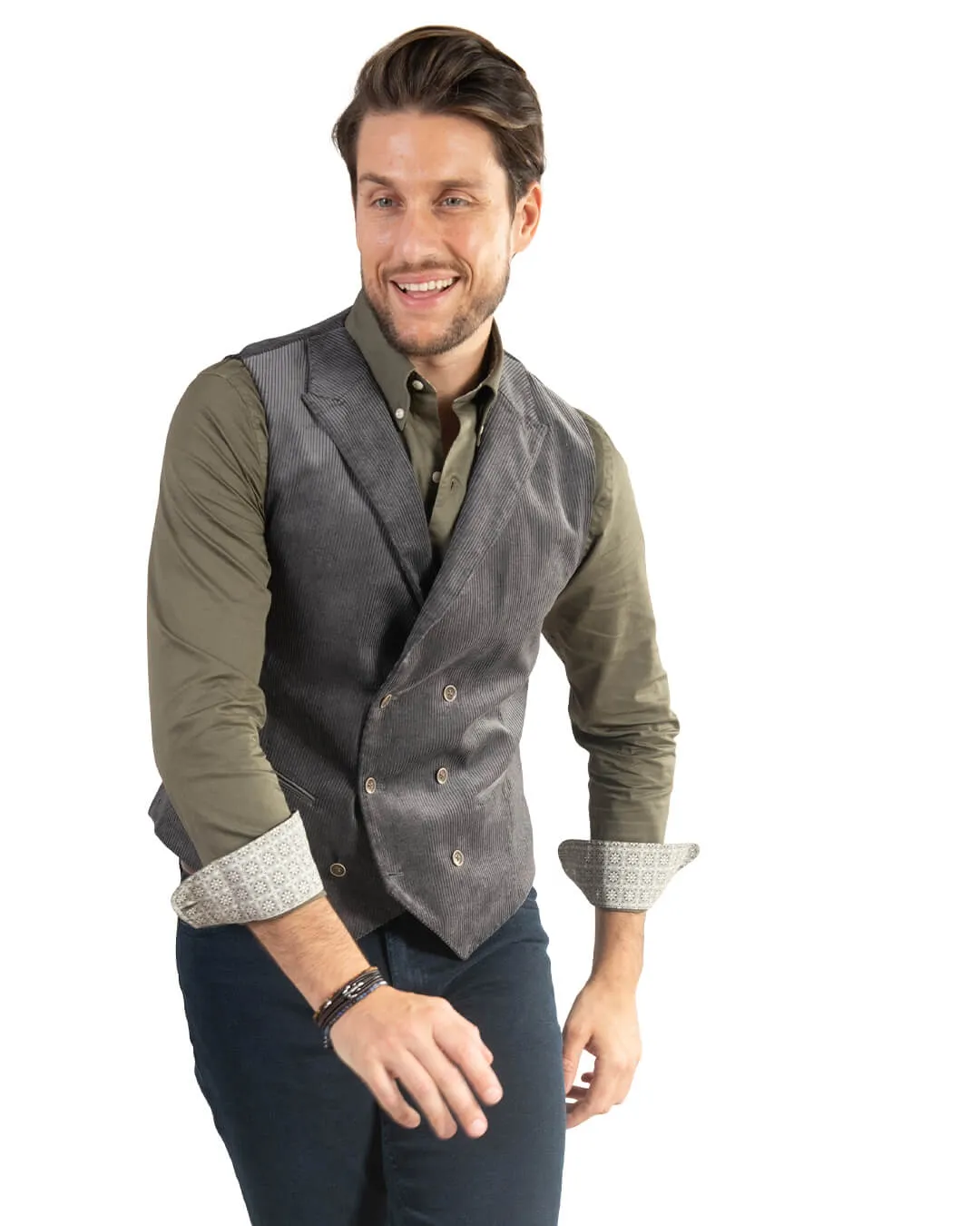 Grey Corduroy Double Breasted Waistcoat