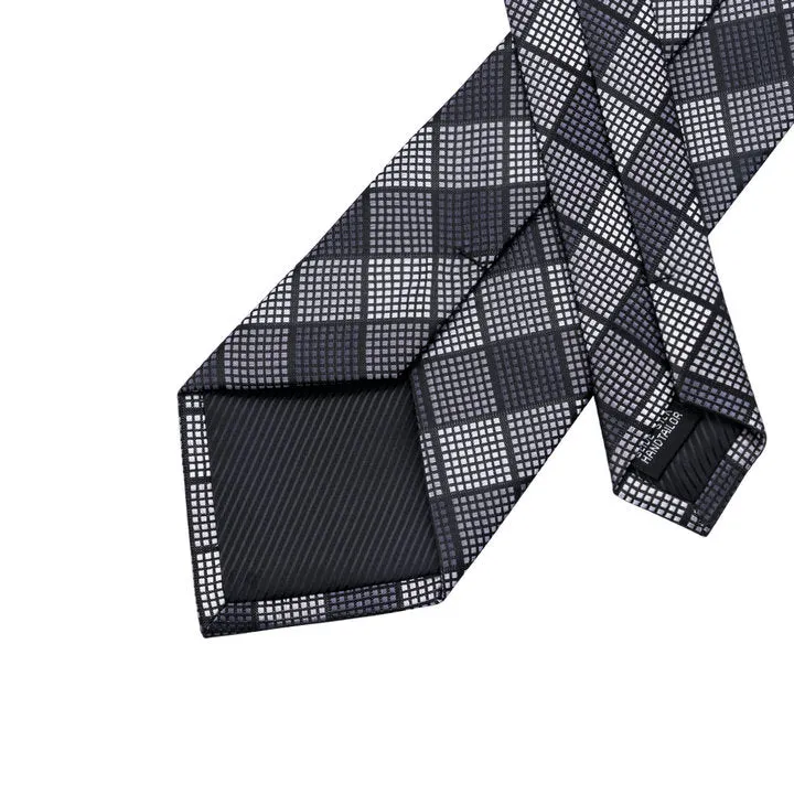 Hi-Tie Black Grey Checkered Men's Necktie Pocket Square Cufflinks Set