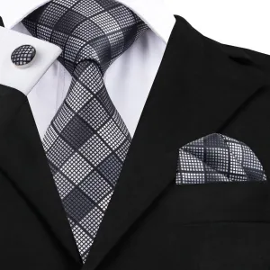 Hi-Tie Black Grey Checkered Men's Necktie Pocket Square Cufflinks Set