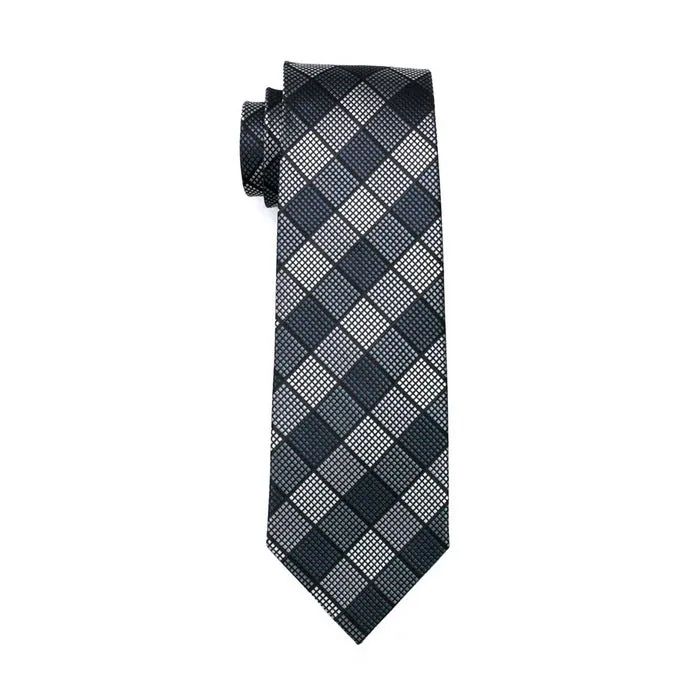 Hi-Tie Black Grey Checkered Men's Necktie Pocket Square Cufflinks Set