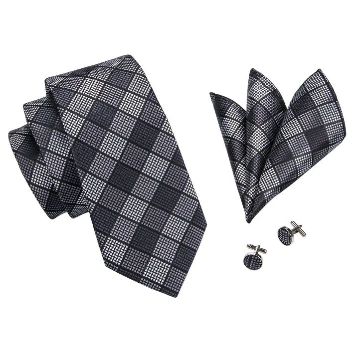 Hi-Tie Black Grey Checkered Men's Necktie Pocket Square Cufflinks Set