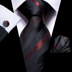 Hi-Tie Black Red Striped 63 Inches Tie Pocket Square Cufflinks Set