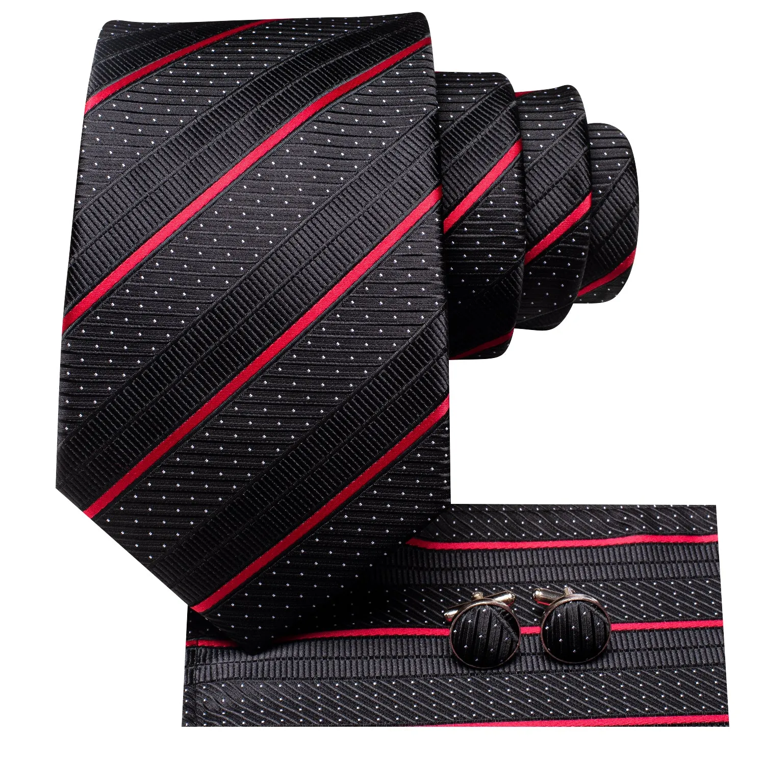 Hi-Tie Black Red Striped Silk Mens Necktie Pocket Square Cufflinks Set