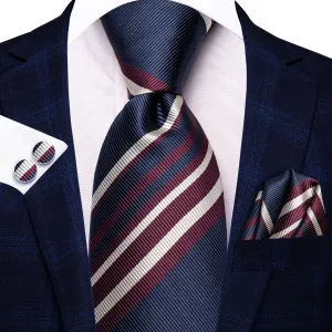 Hi-Tie Blue Red Beige Striped Silk Tie Pocket Square Cufflinks Set