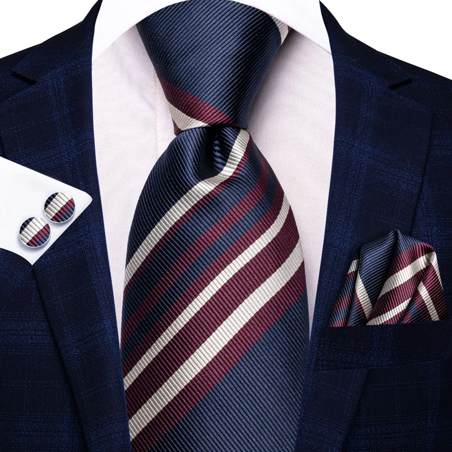 Hi-Tie Blue Red Beige Striped Silk Tie Pocket Square Cufflinks Set