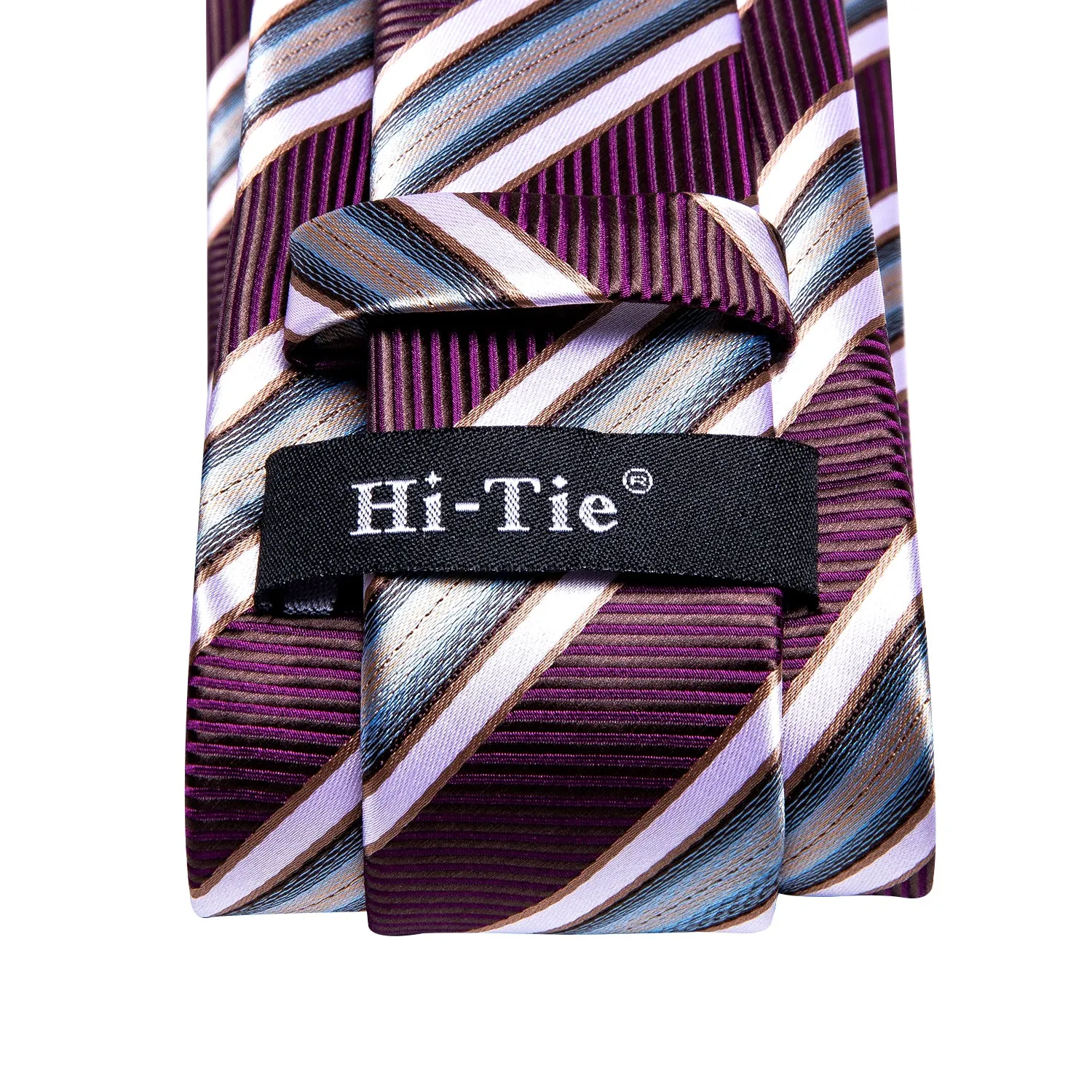 Hi-Tie Burgundy Red Necktie Striped Tie Pocket Square Cufflinks Set